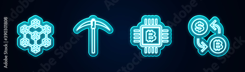 Set line Blockchain technology, Pickaxe, CPU mining farm and Cryptocurrency exchange. Glowing neon icon. Vector.