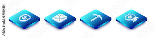Set Isometric line Shield with bitcoin, ASIC Miner, Pickaxe and icon. Vector.