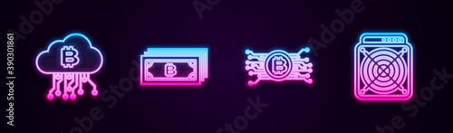 Set line Cryptocurrency cloud mining, bitcoin, circuit and ASIC Miner. Glowing neon icon. Vector.