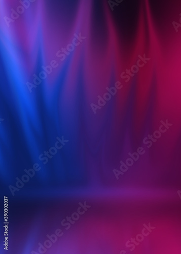 Dark abstract background with ultraviolet neon glow. Blurry neon waves. Light effect. Reflection on the asphalt. 3d illustration