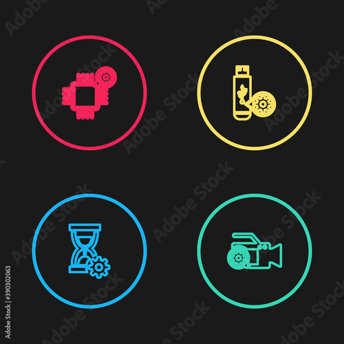 Set line Hourglass setting, Video camera, USB flash drive and Processor icon. Vector.