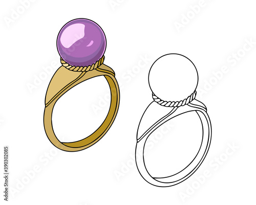 Gold ring with a round pink stone. Linear drawing on a white background.