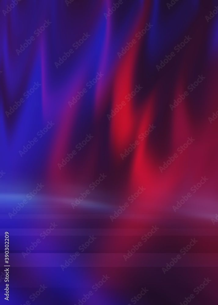 Dark abstract background with ultraviolet neon glow. Blurry neon waves. Light effect. Reflection on the asphalt. 3d illustration