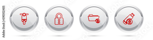 Set line Scooter, Lock, Folder and lock and USB flash drive with. Silver circle button. Vector.
