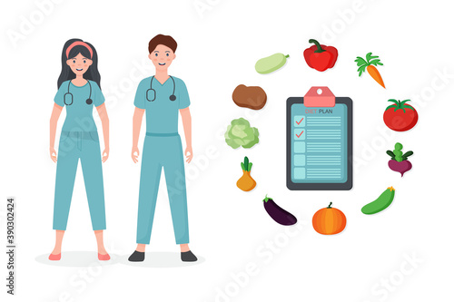 Female nutritionist prescribing nutrition schedule isolated cartoon character on white background.