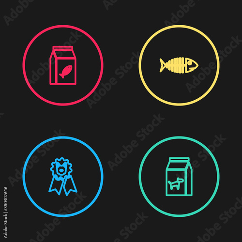 Set line Dog award symbol, Bag of food for dog, Fish skeleton and cat icon. Vector.