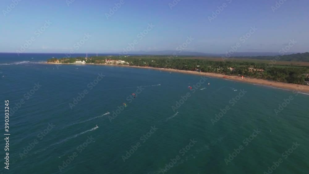Kitesurf over sea along Cabarete beach, Dominican Republic. Aerial Kitesurf over sea along Cabarete beach, Dominican Republic. Aerial