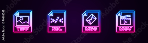 Set line TIFF file document, XSL, MSG and MOV. Glowing neon icon. Vector.