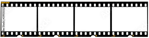long film strip, blank photo frames, free space for your pictures, real high-res 35mm film strip scan with signs of usage on white background