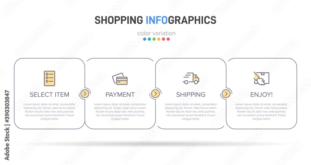 Fototapeta premium Concept of shopping process with 4 successive steps. Four colorful graphic elements. Timeline design for brochure, presentation, web site. Infographic design layout.