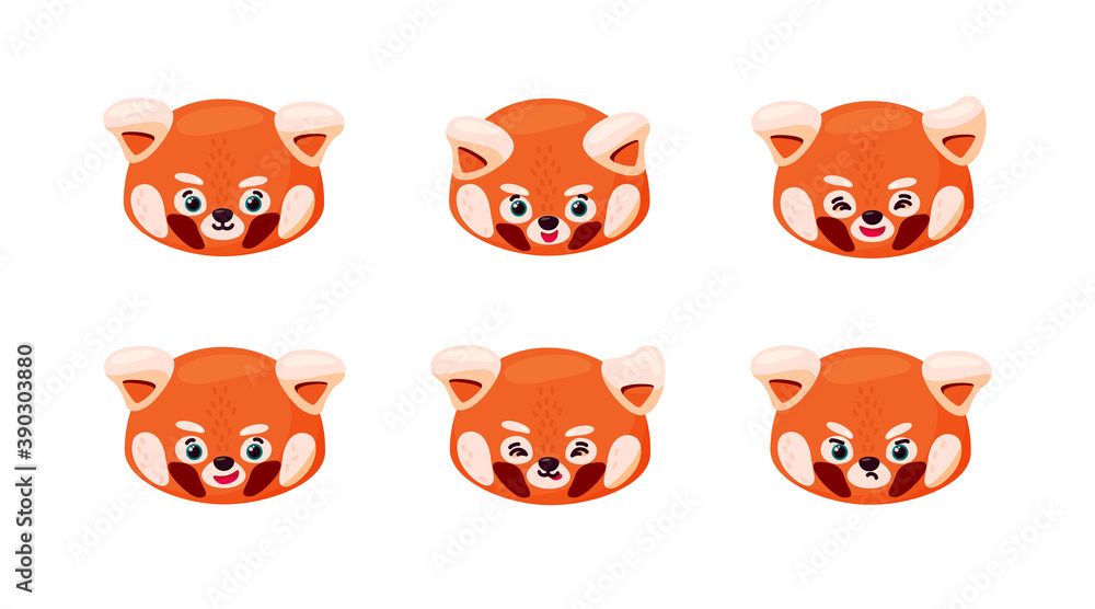 Fototapeta premium Red panda emotions. Smiling, happy, sad, angry, naughty and other red panda expressions. Vector illustration in cartoon style