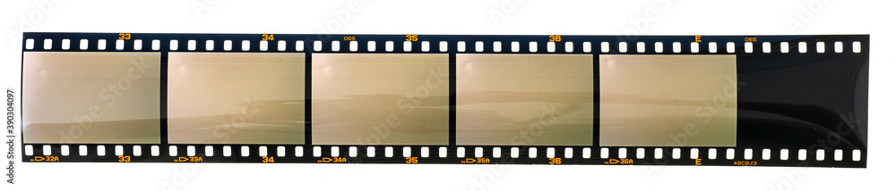 Fototapeta premium long dia positive 35mm film strip with 6 empty cells or frames on white background.
