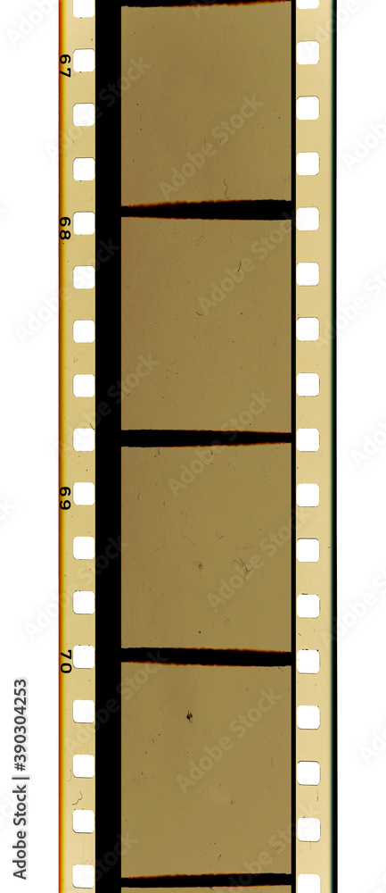 Fototapeta premium detail macro photo of 135 movie film material, 35mm film strip on white background, overexposed cine film cells.