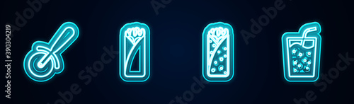 Set line Pizza knife, Burrito, and Glass with water. Glowing neon icon. Vector.