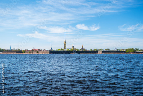 Peter and Paul fortress in Saint-Petersburg, Russia. Petersburg architecture. Petersburg museums. Walls of fortress, spring blue sky, landscape, sunny day. Neva River.