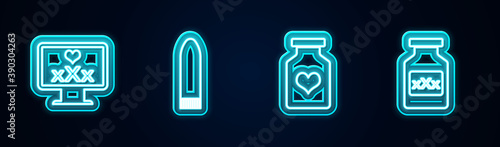 Set line Monitor with 18 plus content, Dildo vibrator, Bottle pills for potency and . Glowing neon icon. Vector.