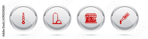 Set line Anal beads, Condoms safe sex, Sex shop building and Spanking paddle. Silver circle button. Vector.