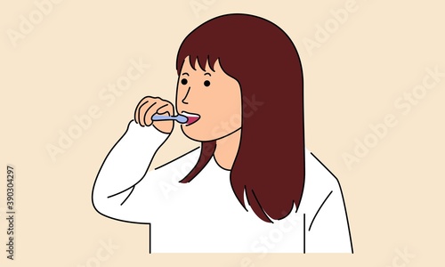Little girl brushing teeth. Vector line art color illustration