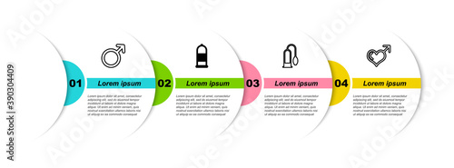 Set line Male gender symbol, Condom safe sex, Penis pump and and heart. Business infographic template. Vector.