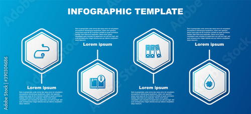 Set line Route location, Interesting facts, Office folders and Dirty water drop. Business infographic template. Vector.