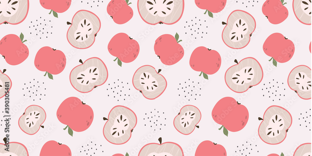 Fototapeta premium Seamless background with fruits. Vector illustration. Suitable for fabric, wallpaper, kitchen design. Apple in cartoon style