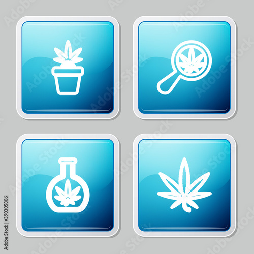 Set line Marijuana plant in pot, Magnifying glass and marijuana, Test tube with and or cannabis leaf icon. Vector.