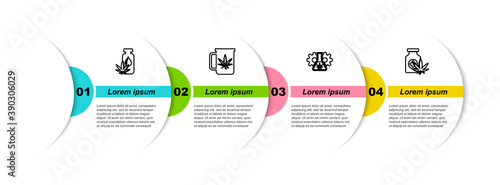 Set line Marijuana or cannabis leaf oil, Cup tea with marijuana, Test tube and Medical bottle. Business infographic template. Vector.
