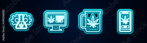 Set line Test tube with marijuana, Online buying, Cup tea and . Glowing neon icon. Vector.