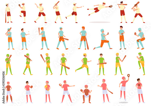 Kids playing baseball icons set. Cartoon set of kids playing baseball vector icons for web design