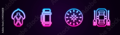 Set line Canteen water bottle, Thermos container, Compass and Rafting boat. Glowing neon icon. Vector.