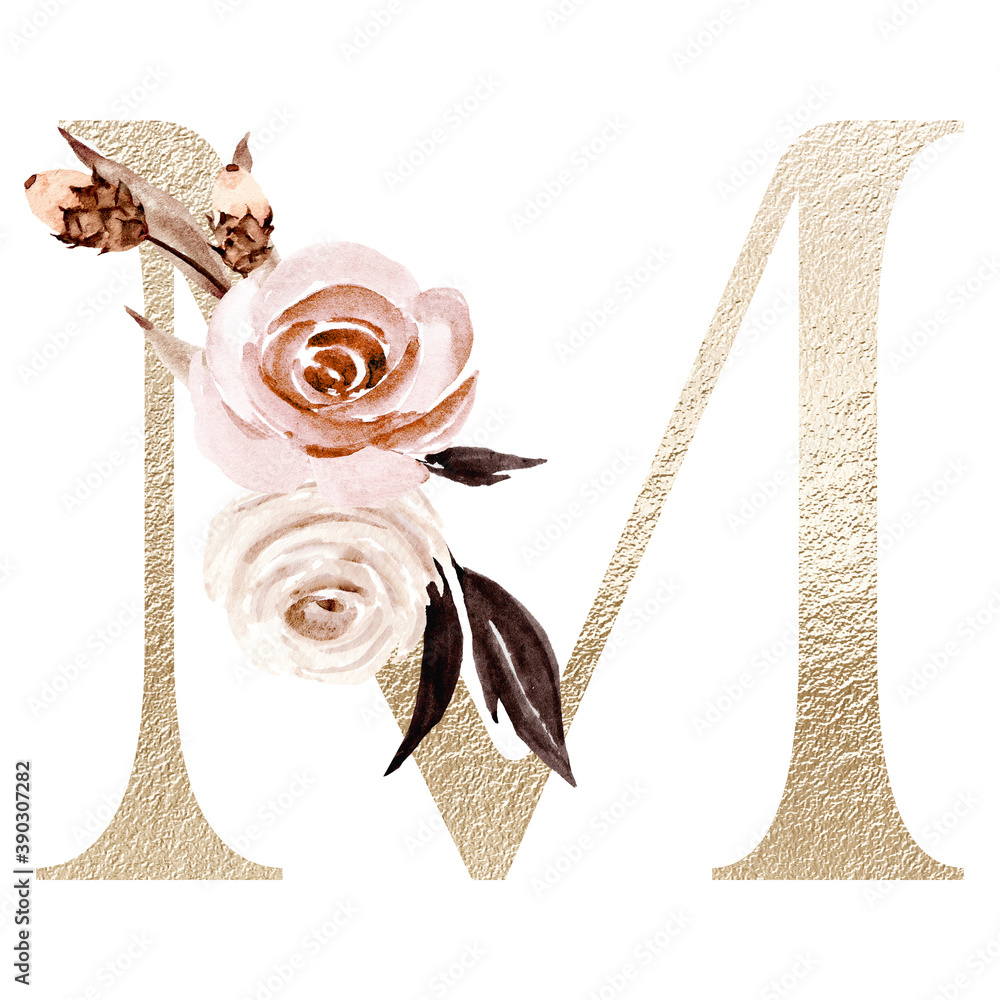 Floral alphabet, letter M with watercolor flowers and leaf. Monogram  initials perfectly for wedding invitations, greeting card, logo, poster and  other design. Holiday design hand painting. Stock Illustration