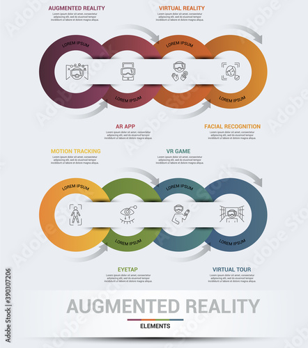 Infographic Augmented Reality template. Icons in different colors. Include Augmented Reality, Ar App, Virtual Reality, Facial Recognition and others.