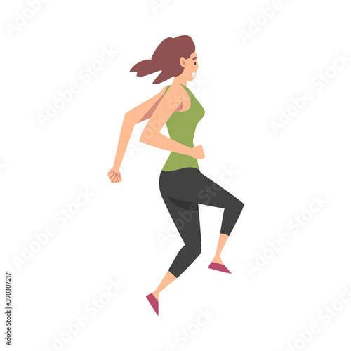 Fototapeta Naklejka Na Ścianę i Meble -  Young Woman Dressed in Sportswear Jogging or Running, Sports Competition, Outdoor Morning Workout, Healthy Active Lifestyle Concept Cartoon Style Vector Illustration