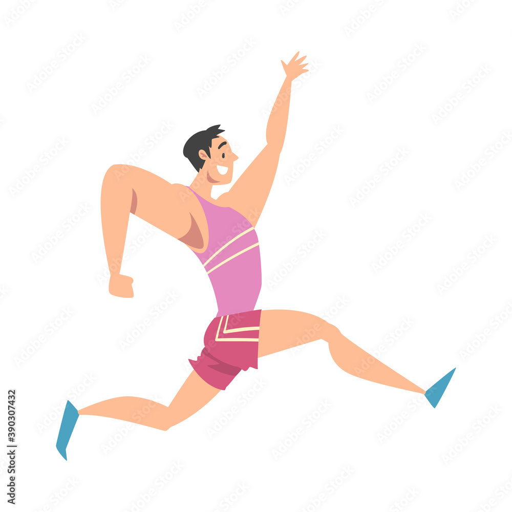 Guy Dressed in Sportswear Jogging or Running, Sports Competition, Outdoor Morning Workout, Healthy Active Lifestyle Concept Cartoon Style Vector Illustration