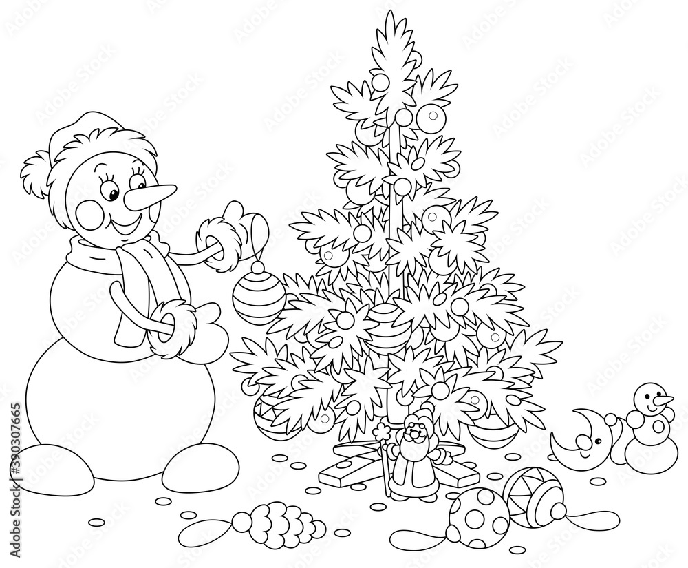 Friendly smiling snowman with a warm hat, a scarf and mittens decorating a prickly Christmas tree with balls, garlands and toys, black and white outline vector cartoon illustration Friendly smiling snowman with a warm hat, a scarf and mittens decorating a prickly Christmas tree with balls, garlands and toys, black and white outline vector cartoon illustration