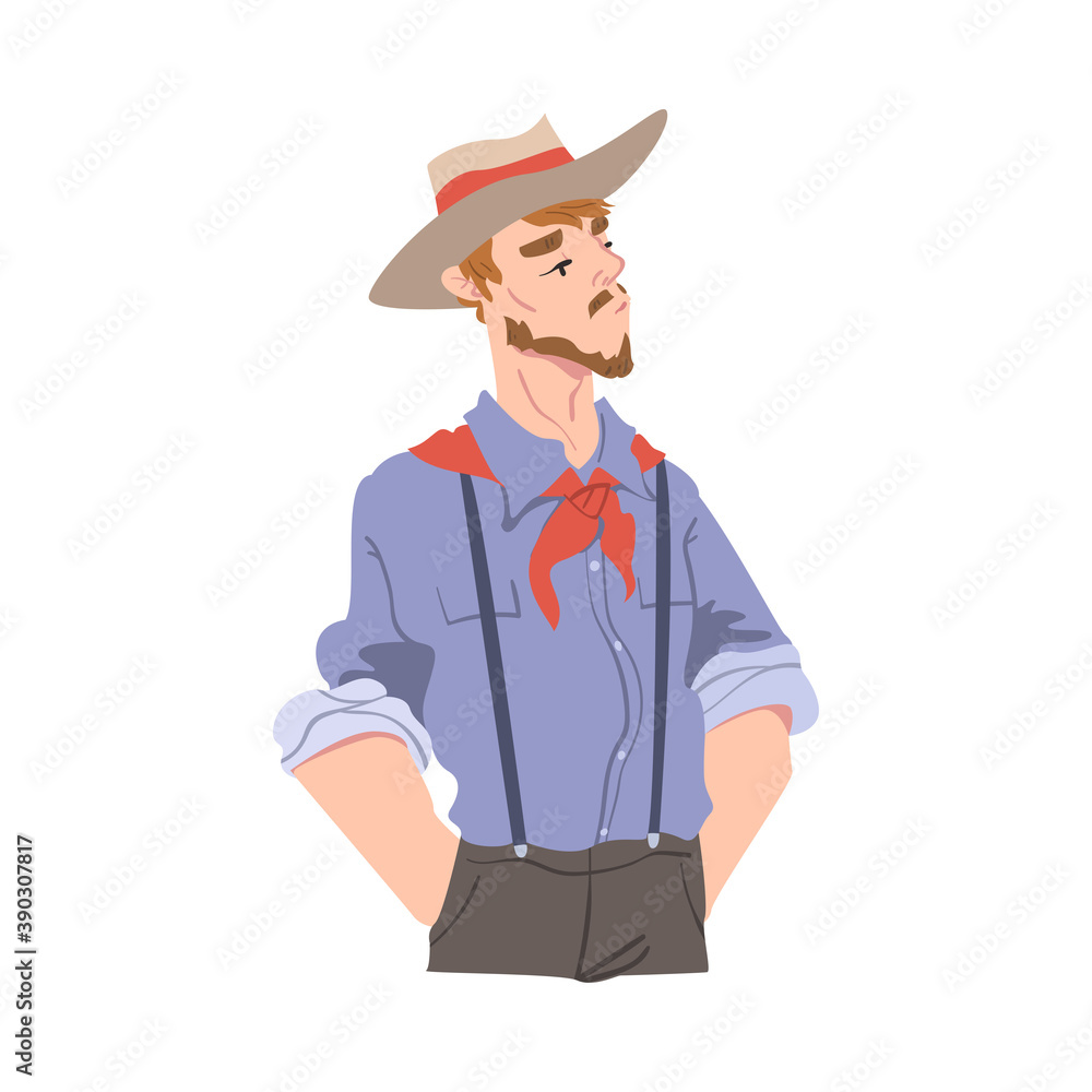 Young Man in Cowboy Hat and Bandana Scarf Cartoon Style Vector Illustration