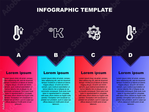 Set line Meteorology thermometer, Kelvin, UV protection and . Business infographic template. Vector.