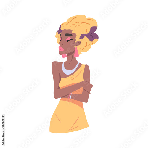 Pretty African American Woman in Fashionable Yellow Dress Cartoon Style Vector Illustration