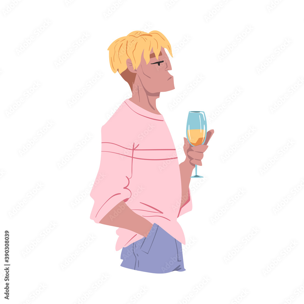 Fashion Man with Cool Hairstyle with Glass of Alcohol Drink Cartoon Style Vector Illustration Fashion Man with Cool Hairstyle with Glass of Alcohol Drink Cartoon Style Vector Illustration