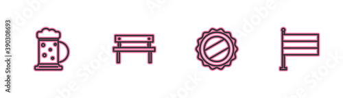 Set line Wooden beer mug, Bottle cap, Bench and National Germany flag icon. Vector.