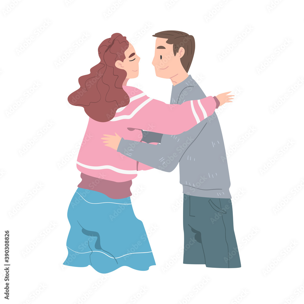 Couple Hugging, Meeting of Friends, Girl and Guy Embracing Each Other Cartoon Style Vector Illustratio