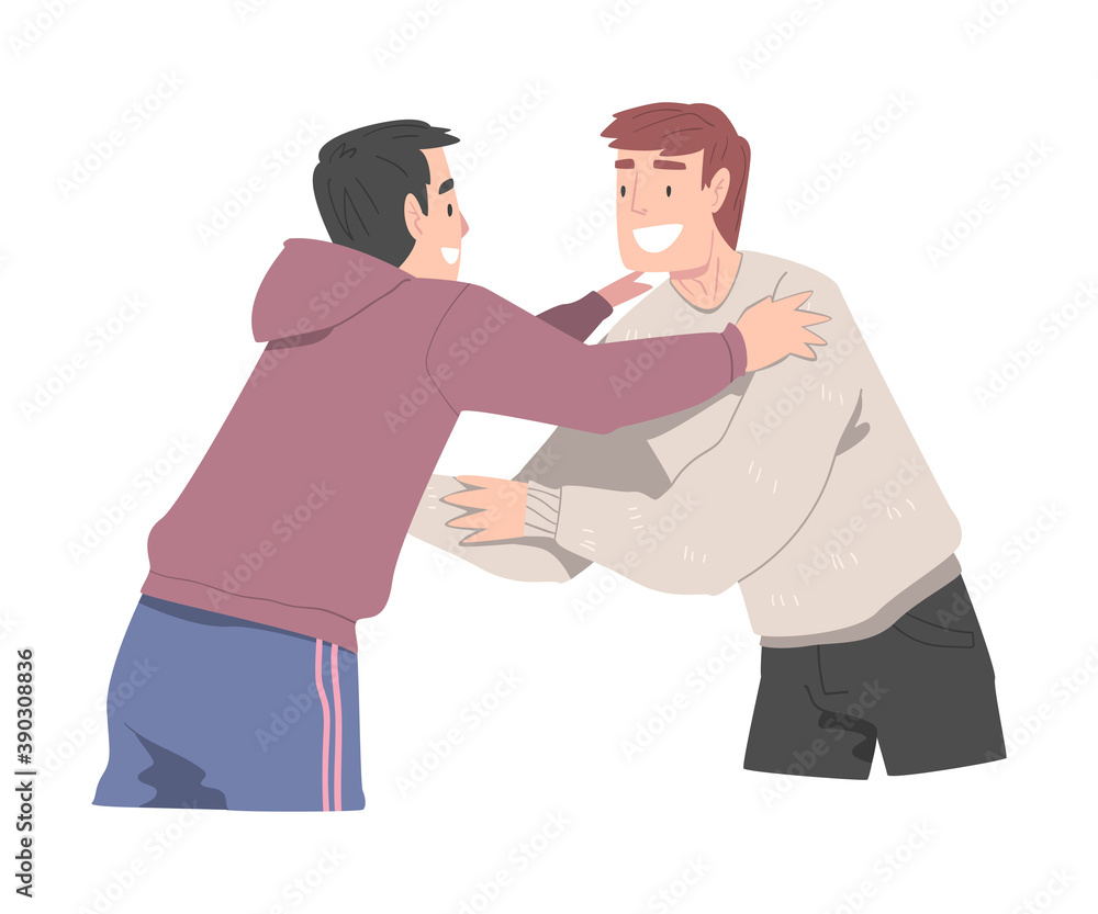 Two Smiling Men Hugging, Joy Meeting of Friends, Male Friendship Concept Cartoon Style Vector Illustration