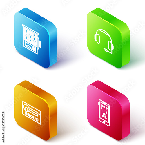 Set Isometric line Slot machine, Headphones, Create account screen and Mobile and playing game icon. Vector.