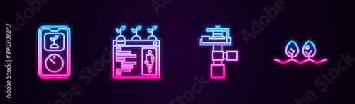 Set line Smart farming technology, , Automatic irrigation sprinklers and Plant. Glowing neon icon. Vector.