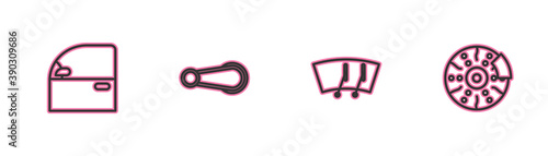 Set line Car door, Windscreen wiper, handle and brake disk with caliper icon. Vector.