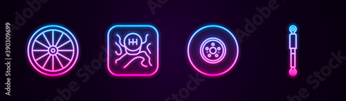 Set line Car wheel, Gear shifter, brake disk and Shock absorber. Glowing neon icon. Vector.