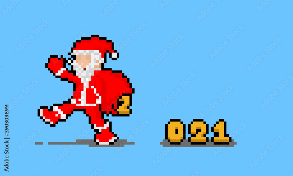 Pixel art cartoon santa claus characer with 2021 number dropping from broken bag. Pixel art cartoon santa claus characer with 2021 number dropping from broken bag.