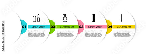 Set line Lipstick, Bottle of liquid soap, Hairbrush and Cotton swab for ears. Business infographic template. Vector.