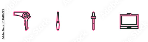 Set line Hair dryer, Pipette, Nail file and Makeup powder with mirror icon. Vector.