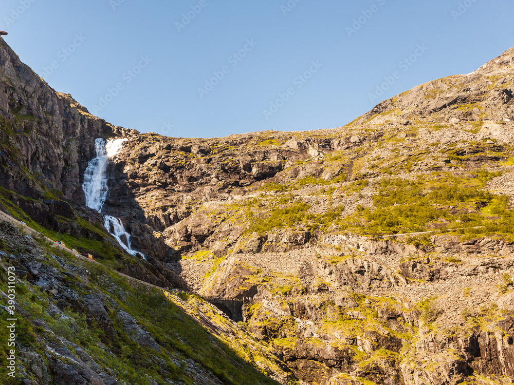 Waterfall over Trollstigen mountain road, Norway